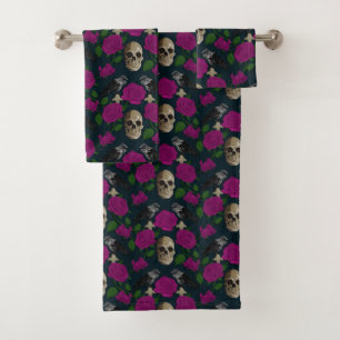 Dark Gothic Grungy Rose Vines Raven Skull pink Bath Towel Set