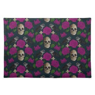 Dark Gothic Grungy Rose Vines Raven Skull pink Cloth Placemat