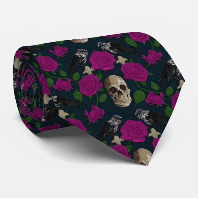 Dark Gothic Grungy Rose Vines Raven Skull pink Neck Tie (Rolled)