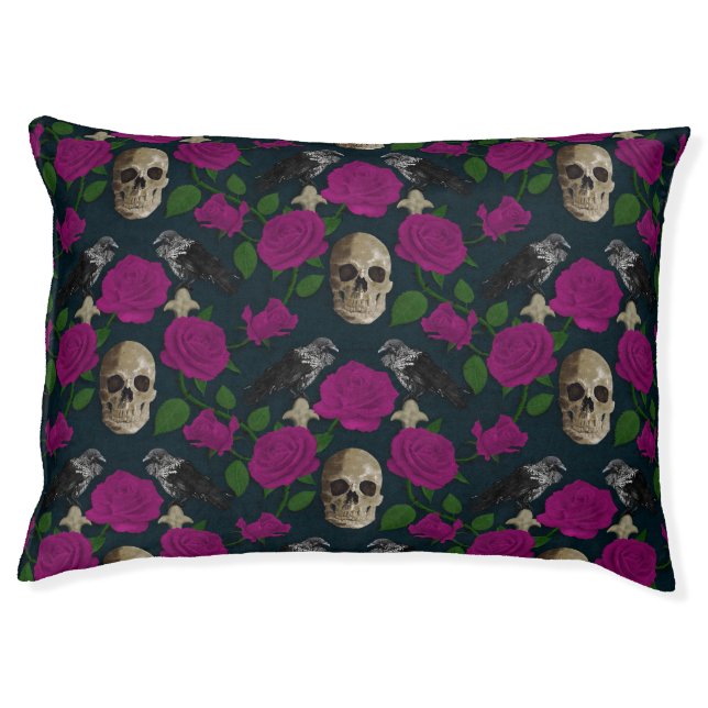 Dark Gothic Grungy Rose Vines Raven Skull pink Pet Bed (Front)