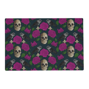 Dark Gothic Grungy Rose Vines Raven Skull pink Placemat