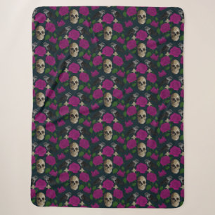 Dark Gothic Grungy Rose Vines Raven Skull pink Sherpa Blanket