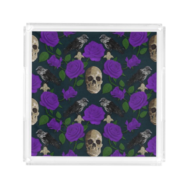 Dark Gothic Grungy Rose Vines Raven Skull purple Acrylic Tray (Front)