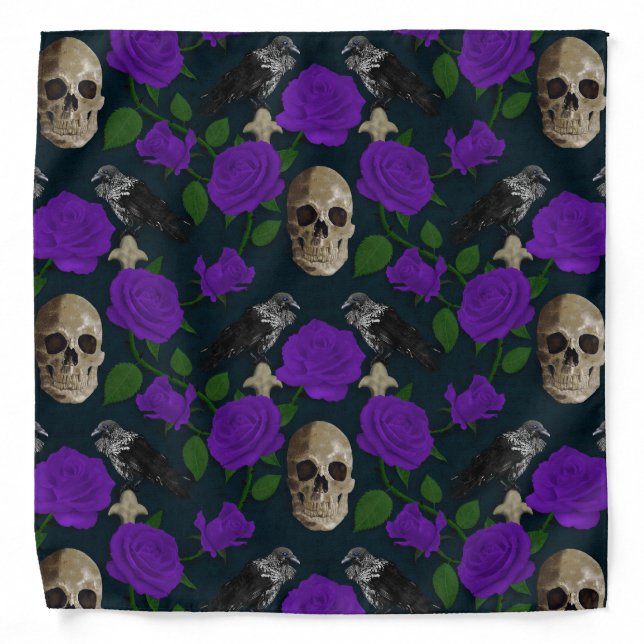 Dark Gothic Grungy Rose Vines Raven Skull purple Bandana (Front)