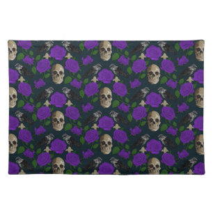 Dark Gothic Grungy Rose Vines Raven Skull purple Cloth Placemat