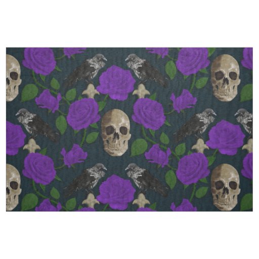 Dark Gothic Grungy Rose Vines Raven Skull Purple Fabric