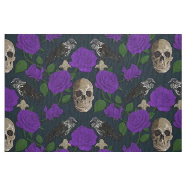 Dark Gothic Grungy Rose Vines Raven Skull Purple Fabric (Fat Quarter)