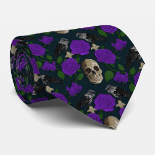 Dark Gothic Grungy Rose Vines Raven Skull purple Neck Tie