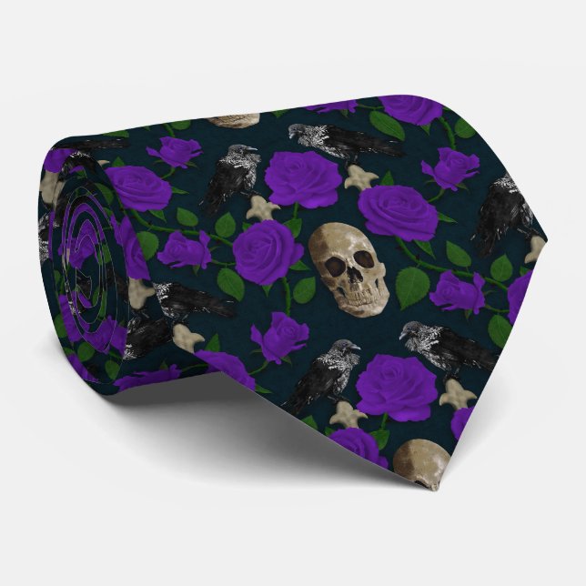 Dark Gothic Grungy Rose Vines Raven Skull purple Neck Tie (Rolled)
