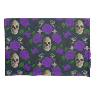 Dark Gothic Grungy Rose Vines Raven Skull purple Pillow Case