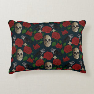 Dark Gothic Grungy Rose Vines Raven Skull red Accent Pillow
