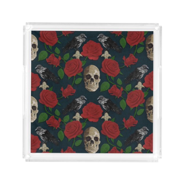 Dark Gothic Grungy Rose Vines Raven Skull red Acrylic Tray (Front)