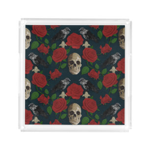 Dark Gothic Grungy Rose Vines Raven Skull red Acrylic Tray