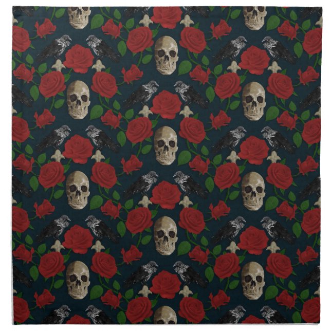 Dark Gothic Grungy Rose Vines Raven Skull red Cloth Napkin (Front)