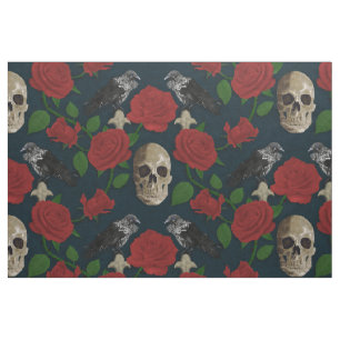 Dark Gothic Grungy Rose Vines Raven Skull Red Fabric