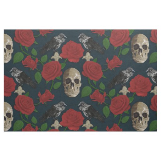 Dark Gothic Grungy Rose Vines Raven Skull Red Fabric