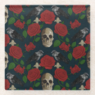 Dark Gothic Grungy Rose Vines Raven Skull red Glass Coaster