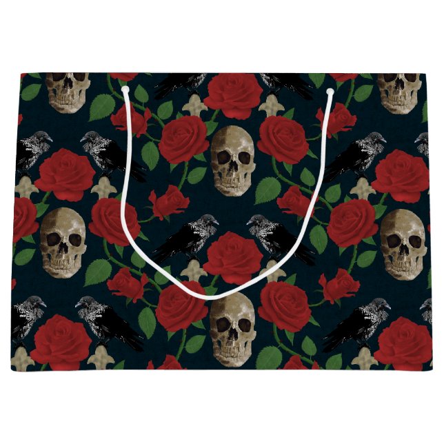 Dark Gothic Grungy Rose Vines Raven Skull red Large Gift Bag (Front)