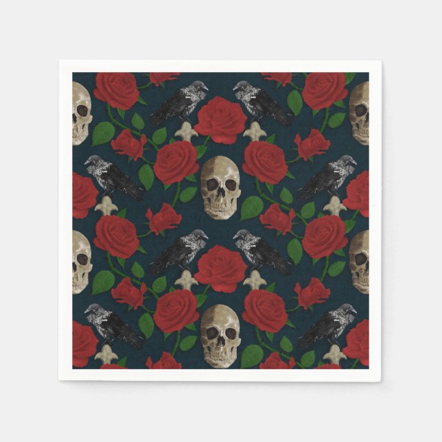Dark Gothic Grungy Rose Vines Raven Skull red Napkins (Front)