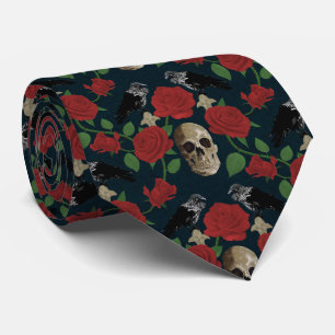 Dark Gothic Grungy Rose Vines Raven Skull red Neck Tie