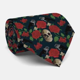 Dark Gothic Grungy Rose Vines Raven Skull red Neck Tie