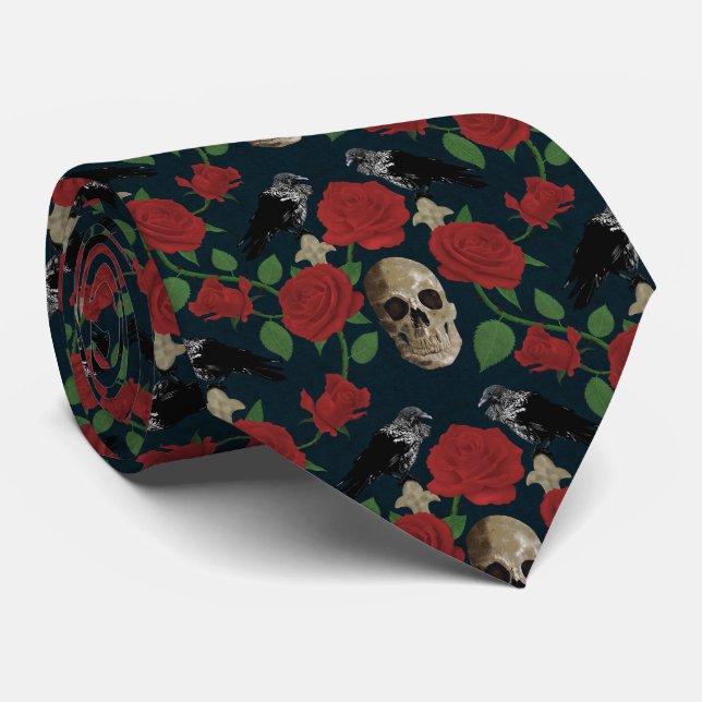 Dark Gothic Grungy Rose Vines Raven Skull red Neck Tie (Rolled)
