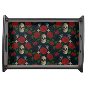 Dark Gothic Grungy Rose Vines Raven Skull red Serving Tray