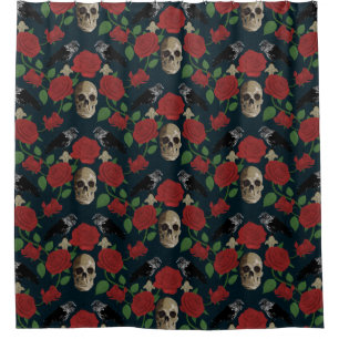 Dark Gothic Grungy Rose Vines Raven Skull red Shower Curtain