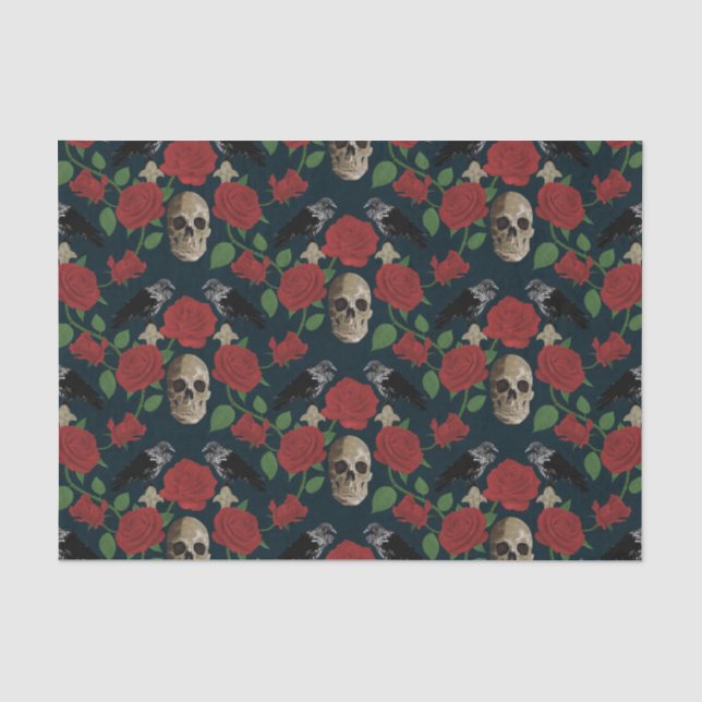 Dark Gothic Grungy Rose Vines Raven Skull red Tissue Paper (Front)