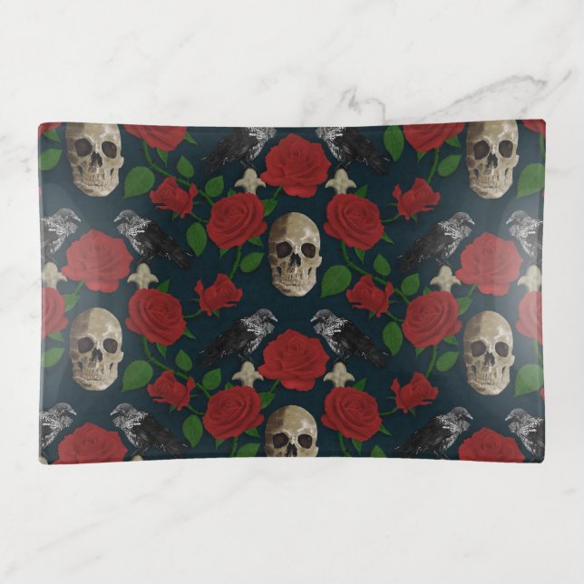 Dark Gothic Grungy Rose Vines Raven Skull red Trinket Tray (Front)