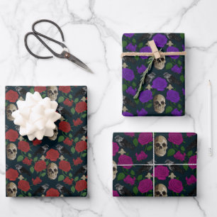 Dark Gothic Grungy Rose Vines Raven Skull Wrapping Paper Sheets