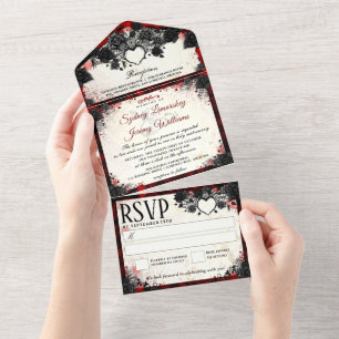 Dark Gothic Halloween Heart Wedding All In One Invitation