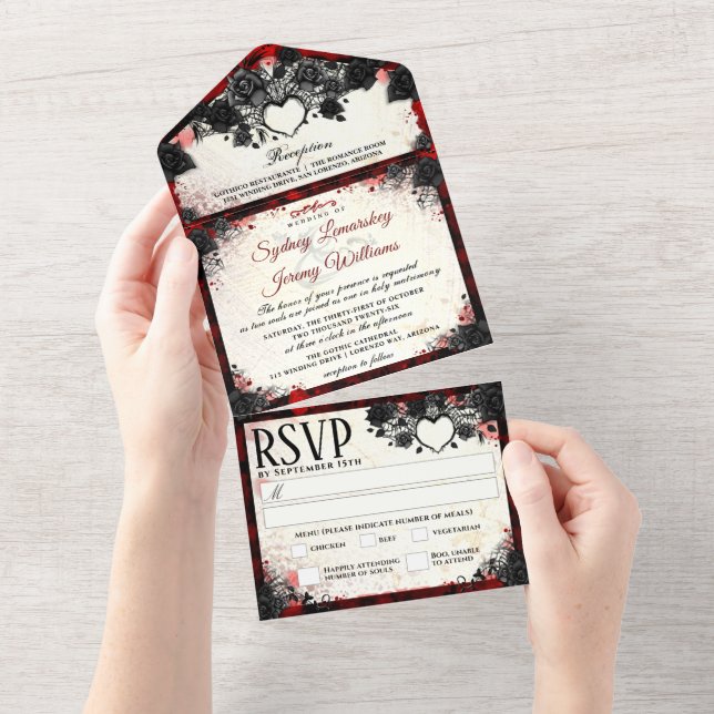 Dark Gothic Halloween Heart Wedding MENU All In One Invitation (Tearaway)