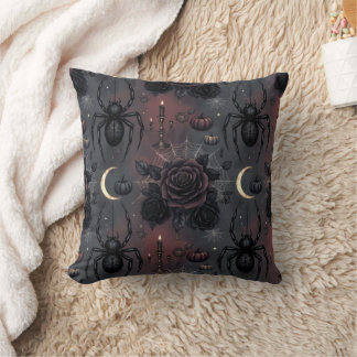 Dark Gothic Halloween Seamless Pattern: Spiders, B Throw Pillow