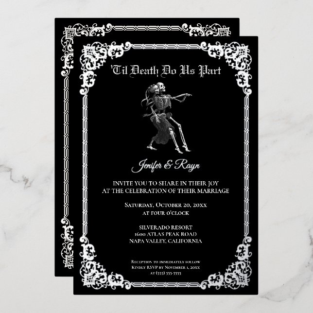 Dark Gothic Halloween skeleton wedding foil Invitation (Front/Back)