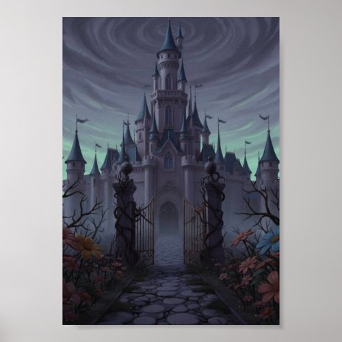Dark Gothic Haunted Castle Iron Gates Foggy Poster