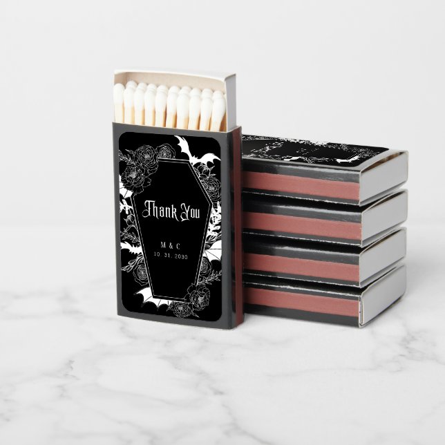 Dark Gothic Initial Thank You Wedding Favor Matchboxes (Stacked)