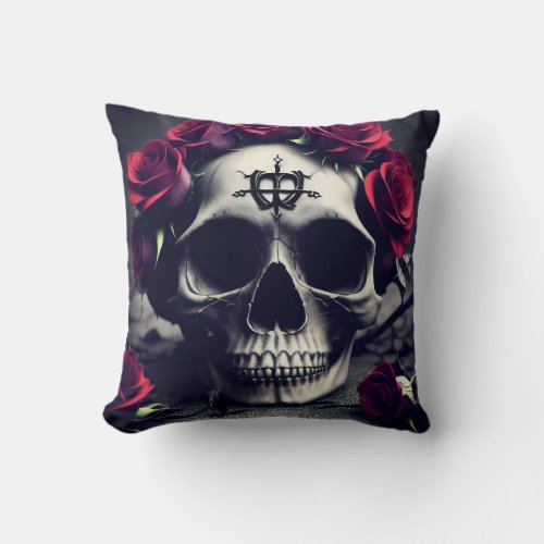 Dark Gothic Macaber Rose Skull Throw Pillow