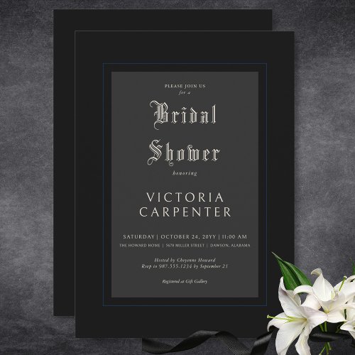 Dark Gothic Minimal Black  Blue Bridal Shower Invitation