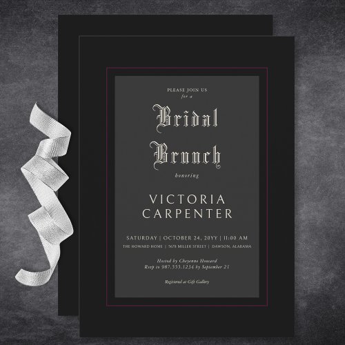 Dark Gothic Minimal Black  Burgundy Bridal Brunch Invitation