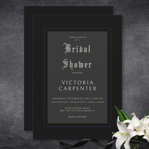 Dark Gothic Minimal Black  Purple Bridal Shower Invitation