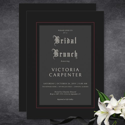 Dark Gothic Minimal Black  Red Bridal Brunch Invitation