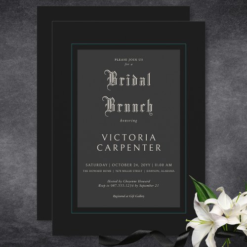 Dark Gothic Minimal Black  Teal Bridal Brunch Invitation