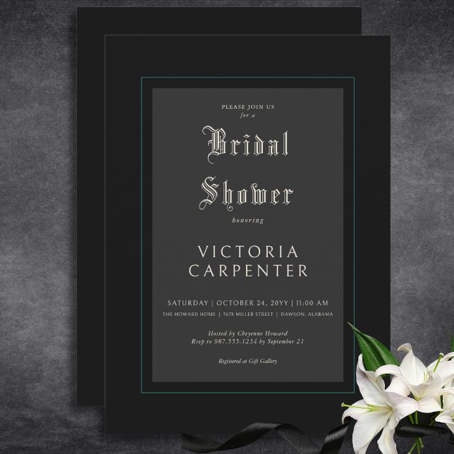 Dark Gothic Minimal Black & Teal Bridal Shower Invitation (Dark Gothic Minimal Black & Teal Bridal Shower Invitation)