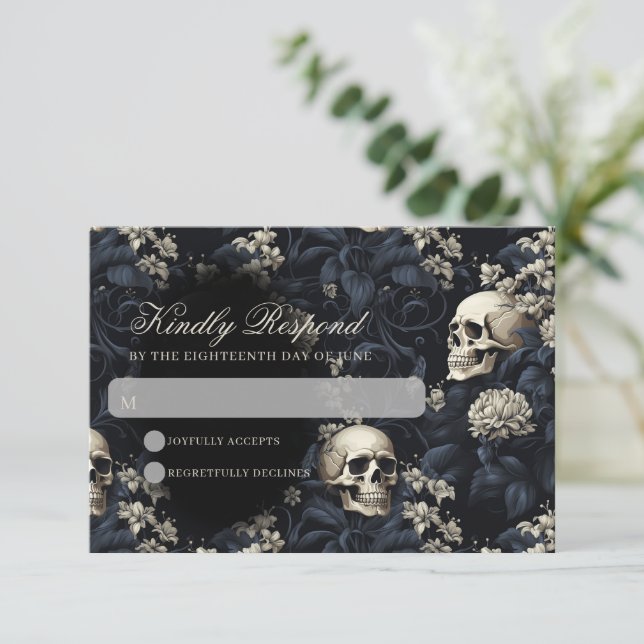 Dark Gothic Moody Skulls & Flowers Wedding RSVP Card (Standing Front)