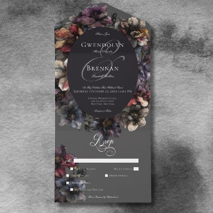 Dark Gothic Moody Watercolor Floral Dinner All In One Invitation
