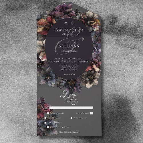 Dark Gothic Moody Watercolor Floral Dinner All In One Invitation