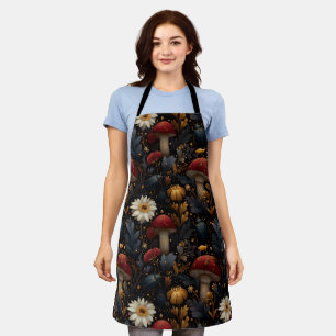 Dark Gothic Mushroom and Beetle Botanical Pattern Apron