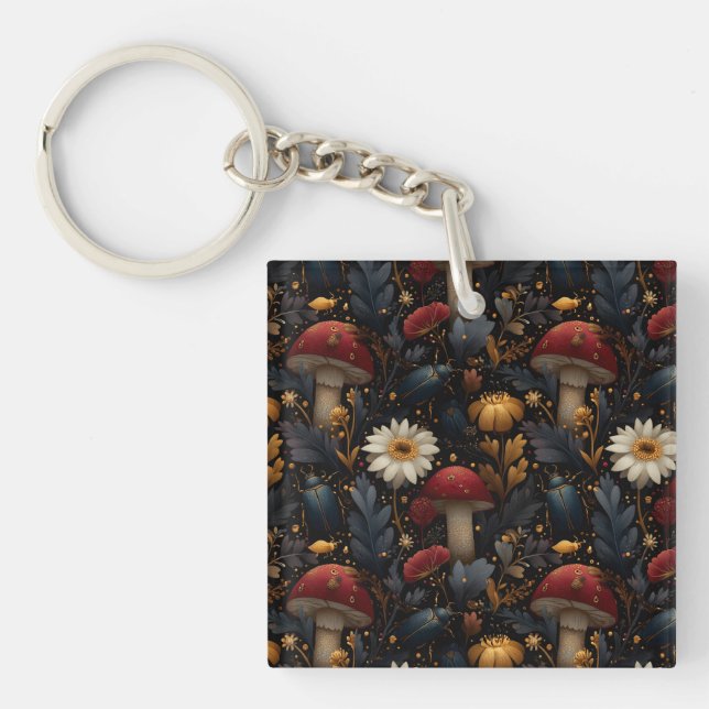 Dark Gothic Mushroom and Beetle Botanical Pattern Keychain (Front)