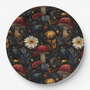 Dark Gothic Mushroom and Beetle Botanical Pattern Paper Plates